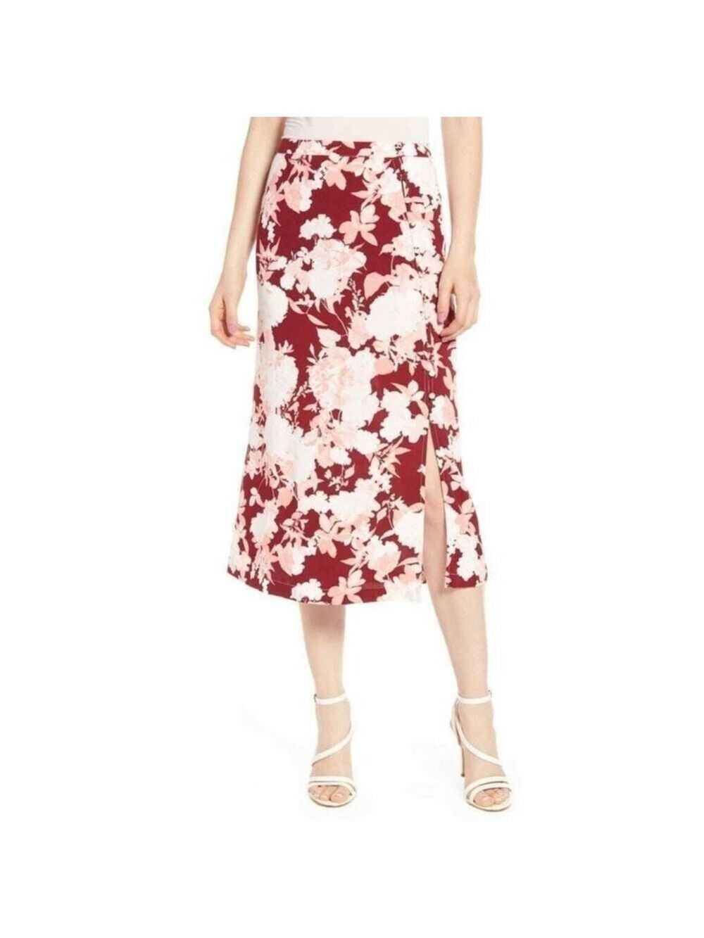 NWT Chelsea28 A-Line Floral Skirt Side Button Sz M Red Rumba Red Pink